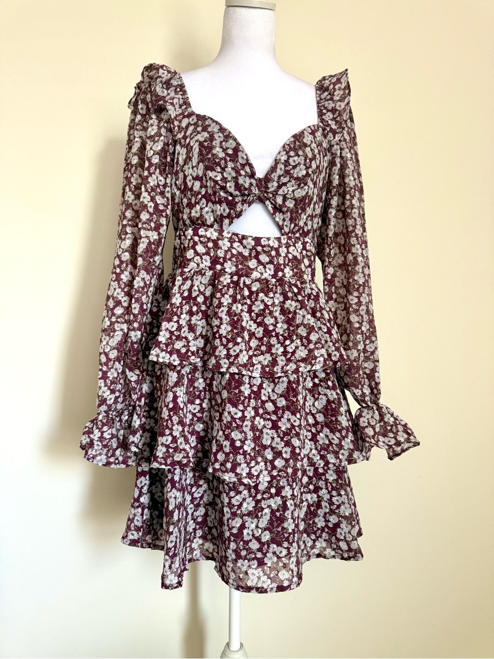 Altar'd State Burgundy Floral Cutout Tiered Mini Dress size medium
